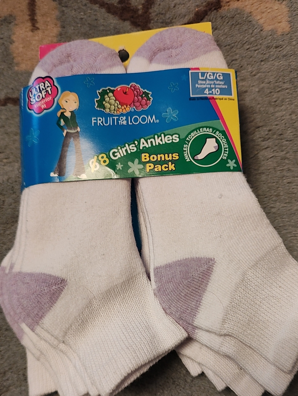 Fruit of the Loom Girls White Ankle Socks with Lilac Accents - 8 Pack